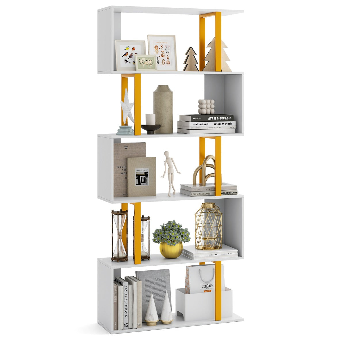 5-Tier Geometric Bookcase with Metal Frame and Anti-tipping Kits-White