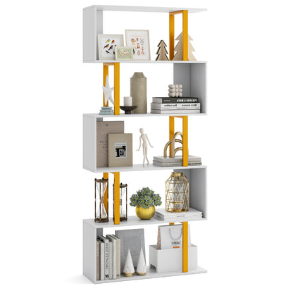 5-Tier Geometric Bookcase with Metal Frame and Anti-tipping Kits-White