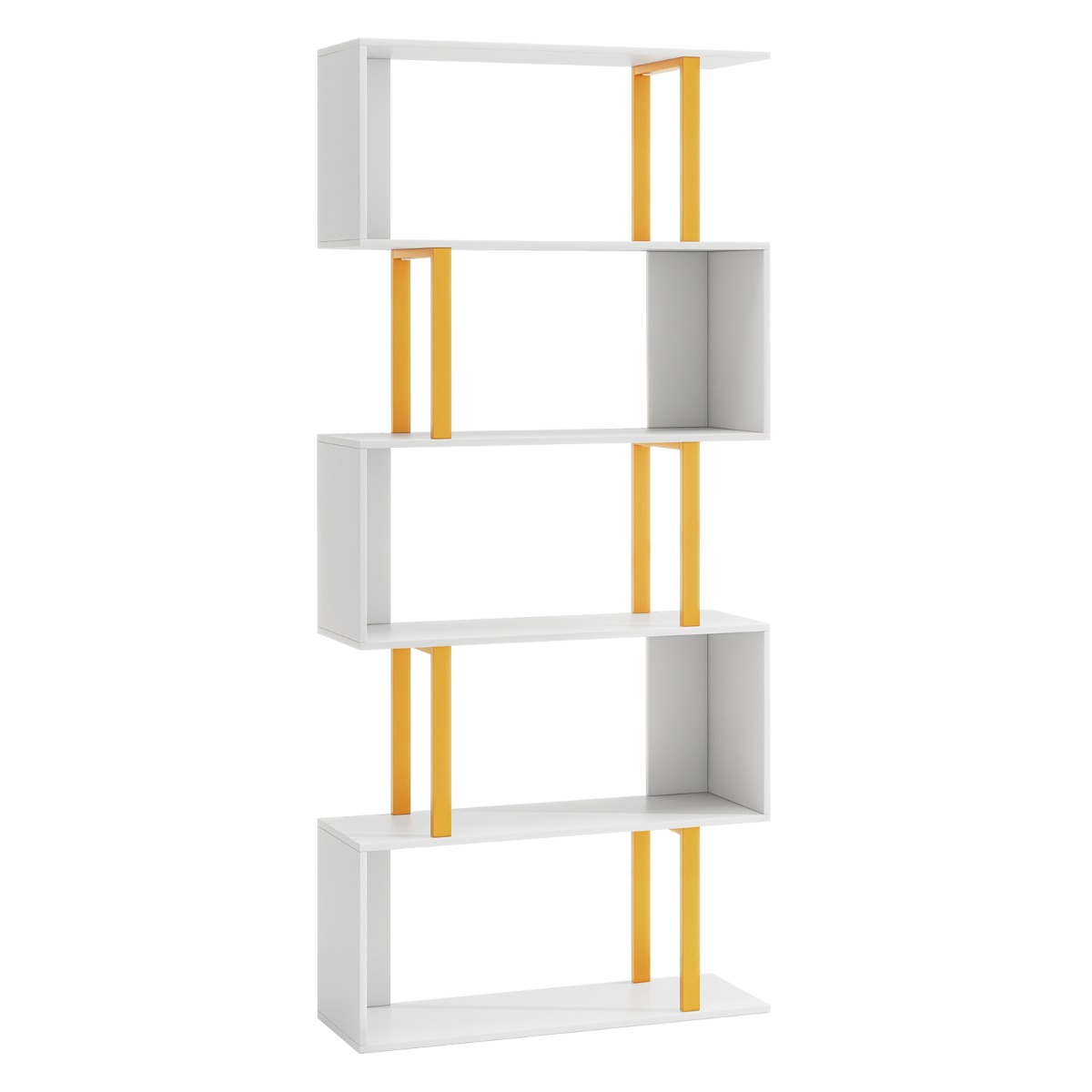 5-Tier Geometric Bookcase with Metal Frame and Anti-tipping Kits-White