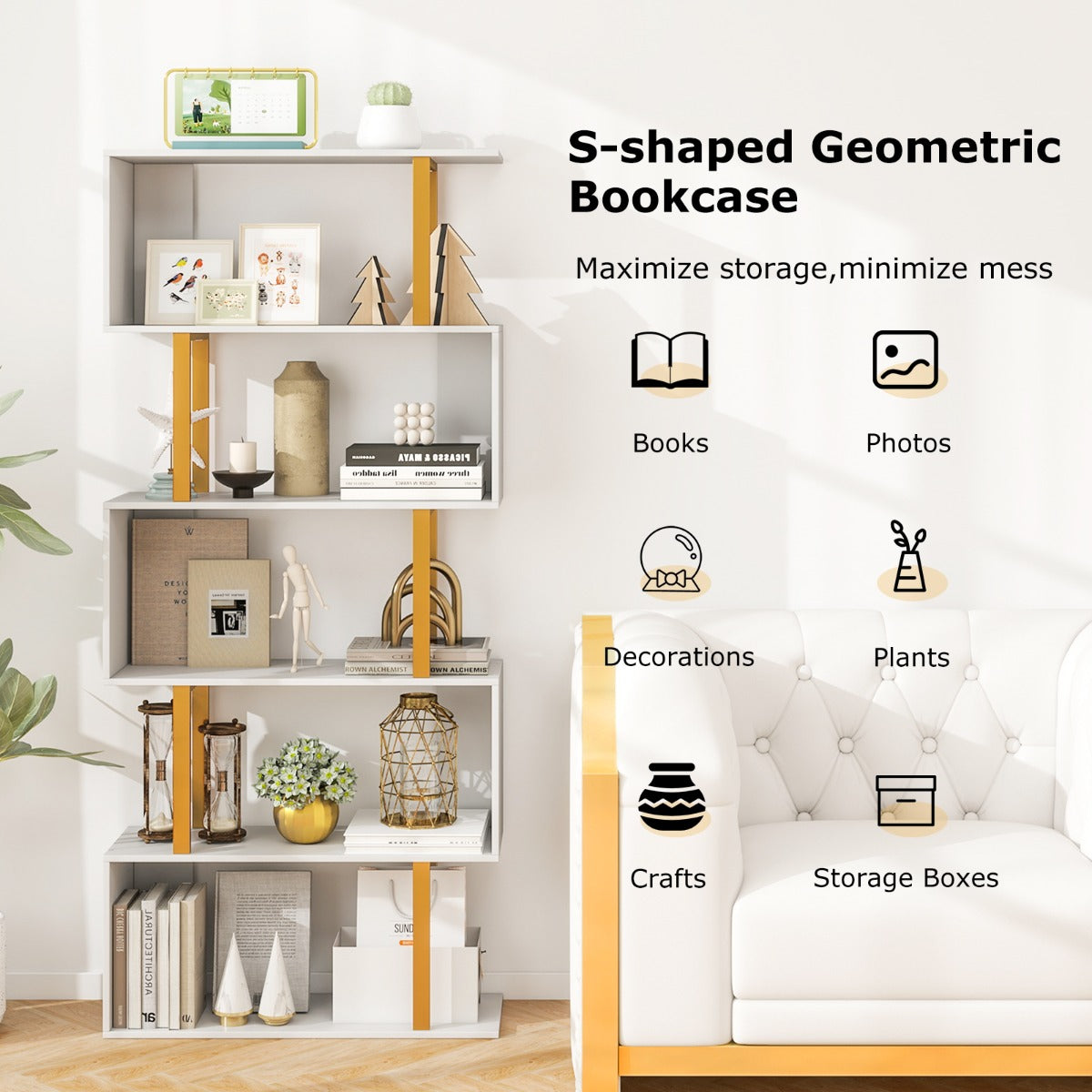 5-Tier Geometric Bookcase with Metal Frame and Anti-tipping Kits-White