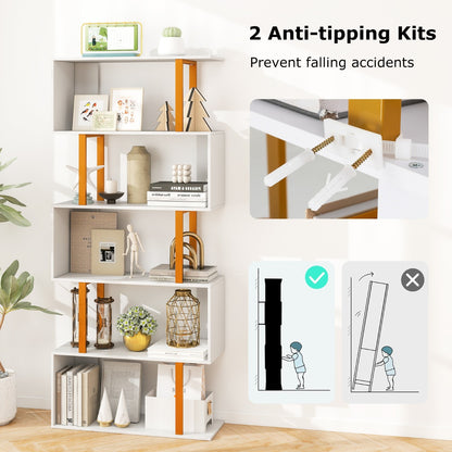 5-Tier Geometric Bookcase with Metal Frame and Anti-tipping Kits-White