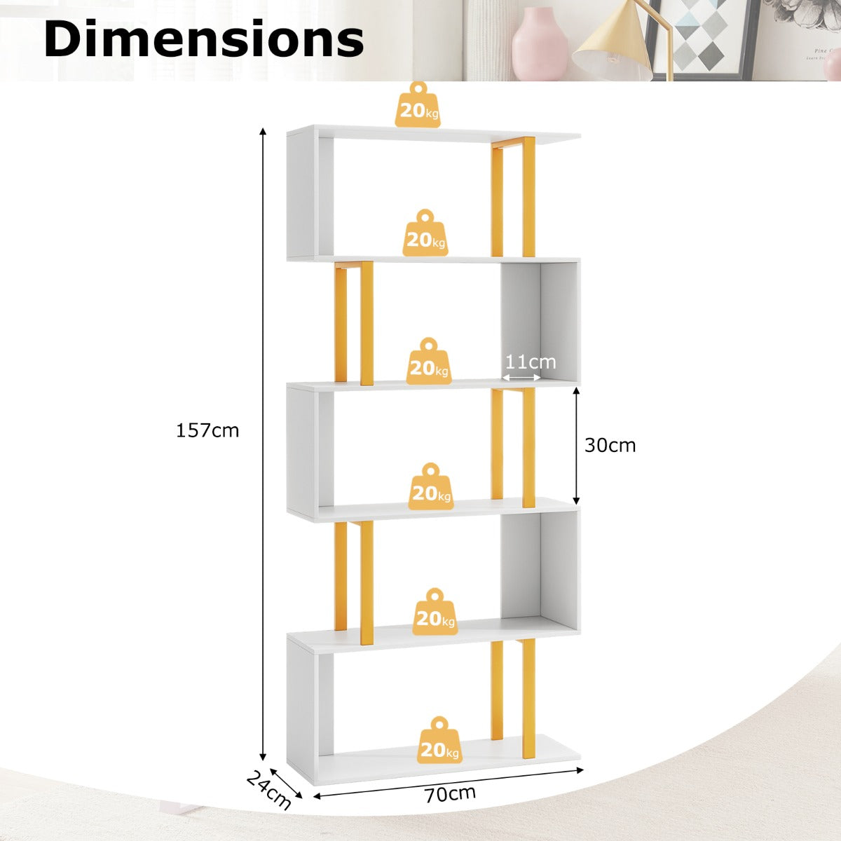 5-Tier Geometric Bookcase with Metal Frame and Anti-tipping Kits-White