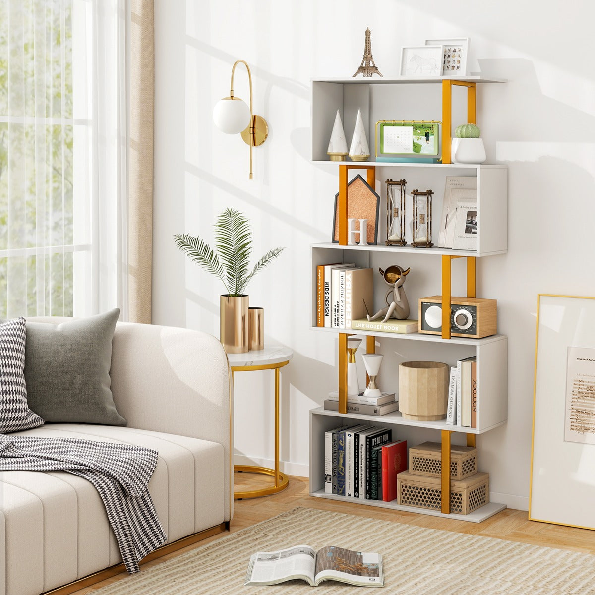 5-Tier Geometric Bookcase with Metal Frame and Anti-tipping Kits-White
