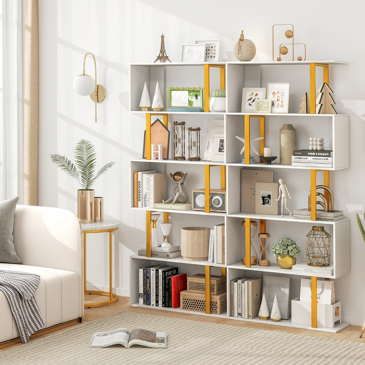 5-Tier Geometric Bookcase with Metal Frame and Anti-tipping Kits-White
