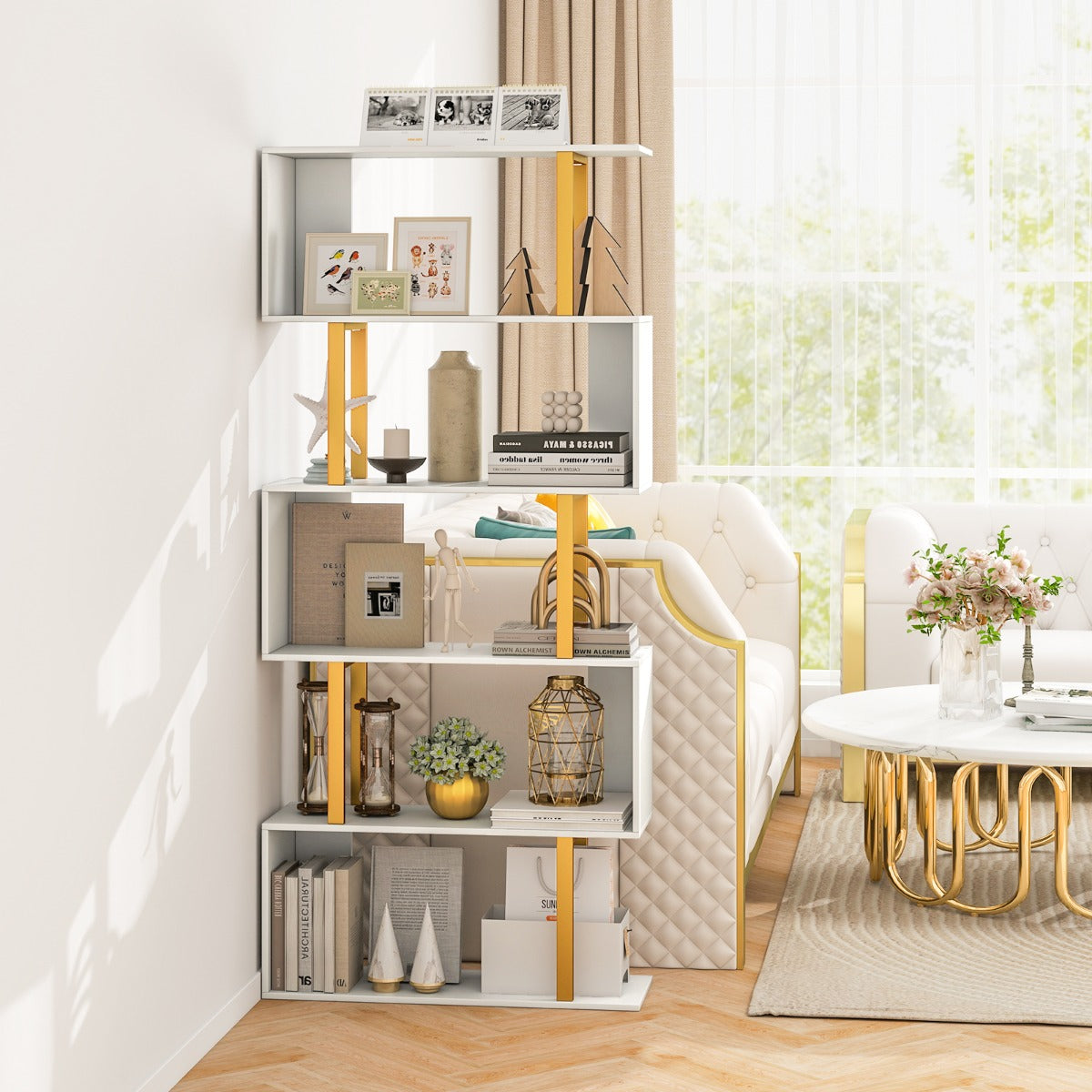 5-Tier Geometric Bookcase with Metal Frame and Anti-tipping Kits-White