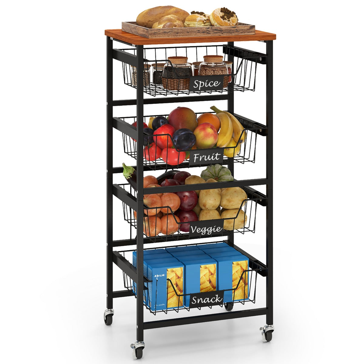 4/5-Tier Kitchen Storage Cart with Wooden Top and DIY Chalk Labels-5 Tiers