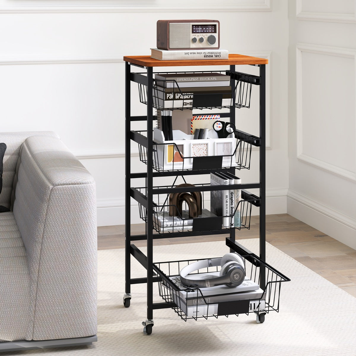 4/5-Tier Kitchen Storage Cart with Wooden Top and DIY Chalk Labels-5 Tiers