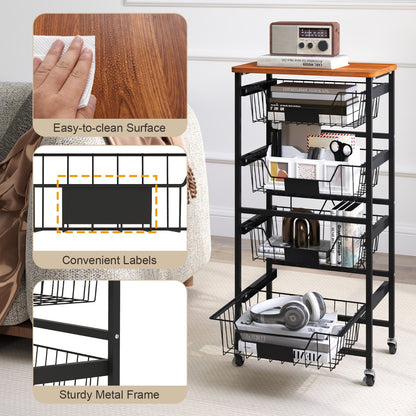 4/5-Tier Kitchen Storage Cart with Wooden Top and DIY Chalk Labels-5 Tiers