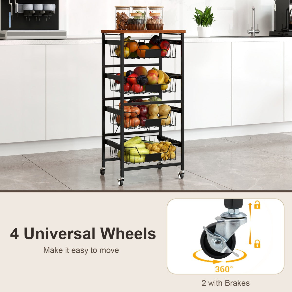 4/5-Tier Kitchen Storage Cart with Wooden Top and DIY Chalk Labels-5 Tiers