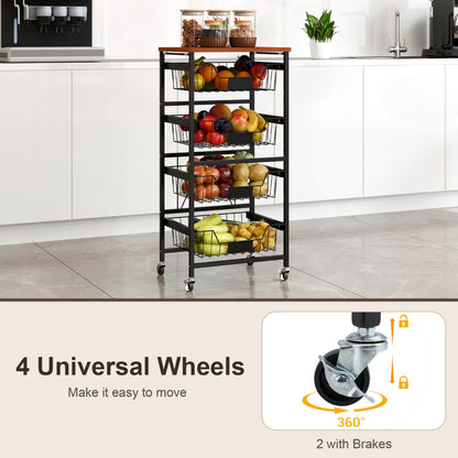 4/5-Tier Kitchen Storage Cart with Wooden Top and DIY Chalk Labels-5 Tiers