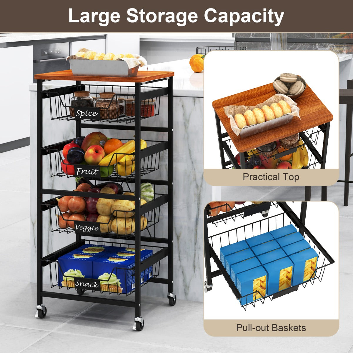 4/5-Tier Kitchen Storage Cart with Wooden Top and DIY Chalk Labels-5 Tiers