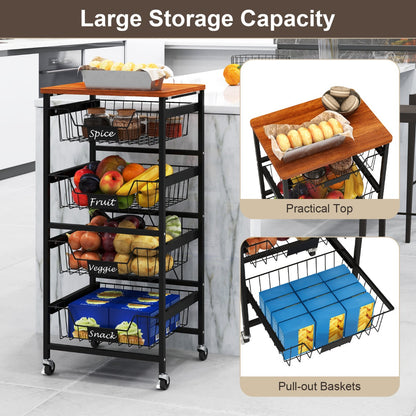 4/5-Tier Kitchen Storage Cart with Wooden Top and DIY Chalk Labels-5 Tiers