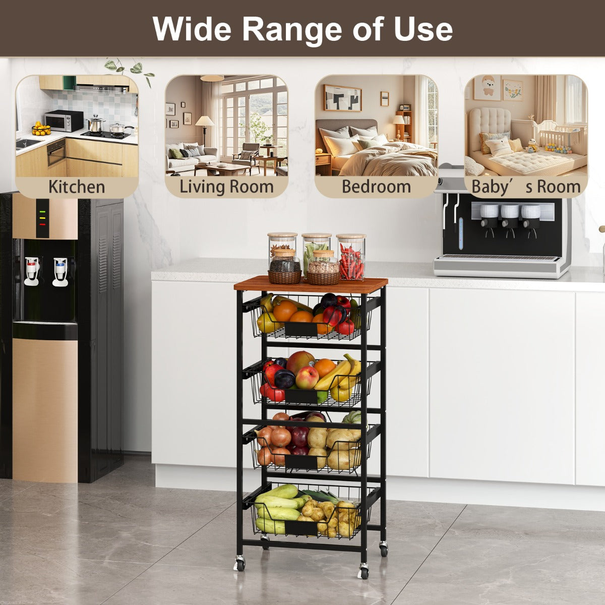 4/5-Tier Kitchen Storage Cart with Wooden Top and DIY Chalk Labels-5 Tiers