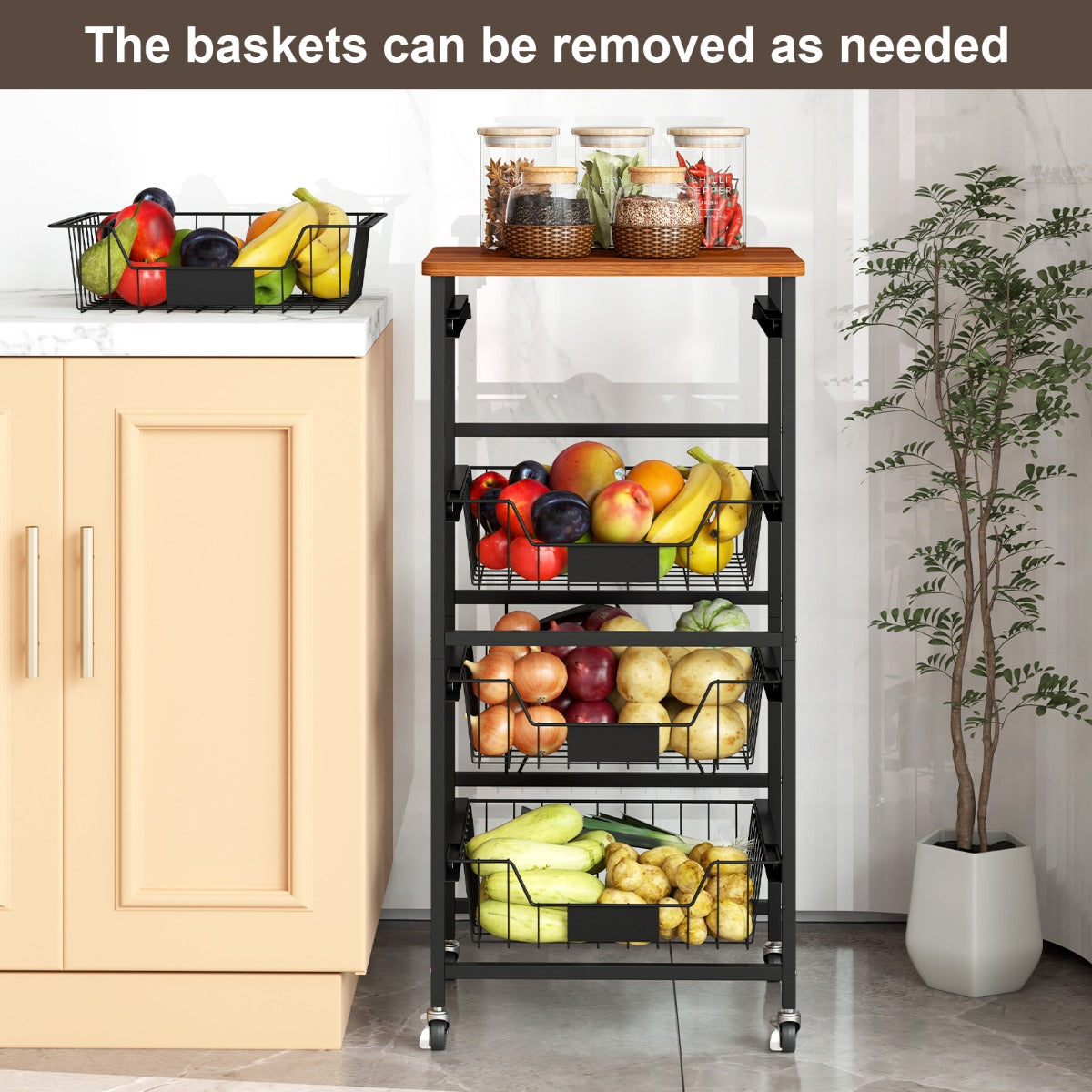 4/5-Tier Kitchen Storage Cart with Wooden Top and DIY Chalk Labels-5 Tiers