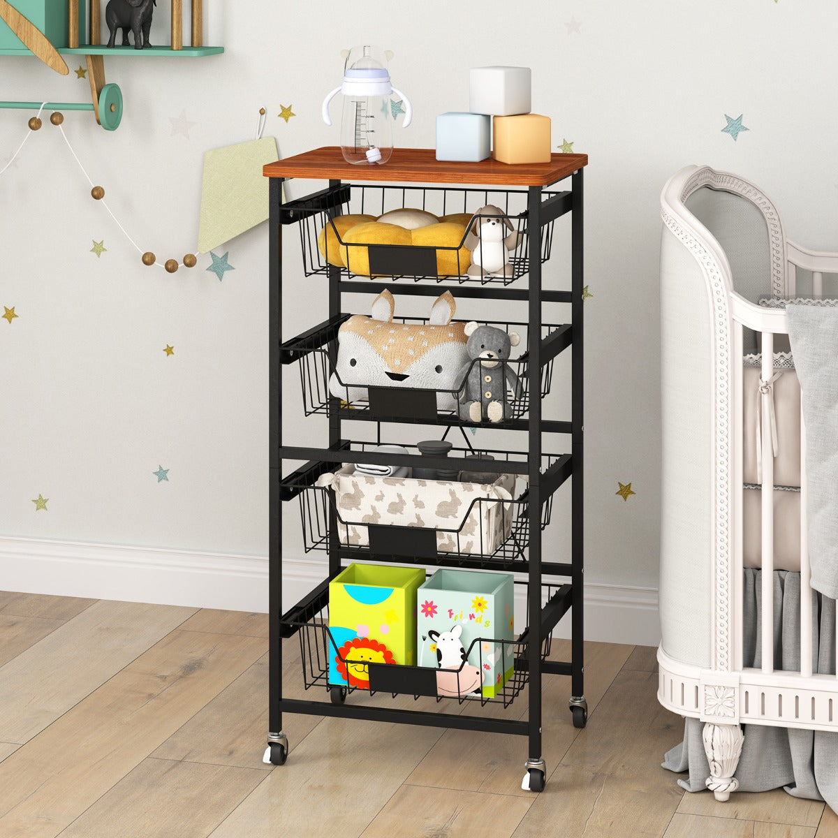 4/5-Tier Kitchen Storage Cart with Wooden Top and DIY Chalk Labels-5 Tiers