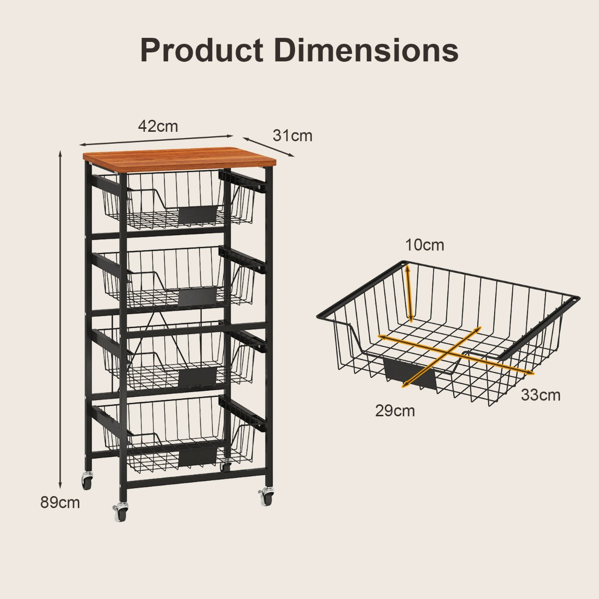 4/5-Tier Kitchen Storage Cart with Wooden Top and DIY Chalk Labels-5 Tiers