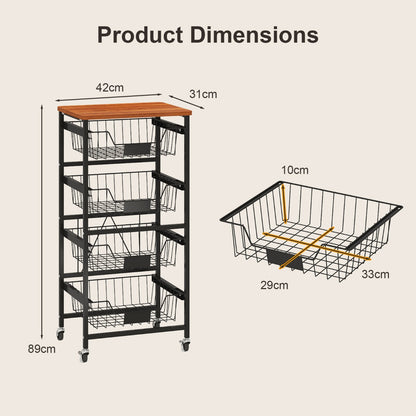 4/5-Tier Kitchen Storage Cart with Wooden Top and DIY Chalk Labels-5 Tiers