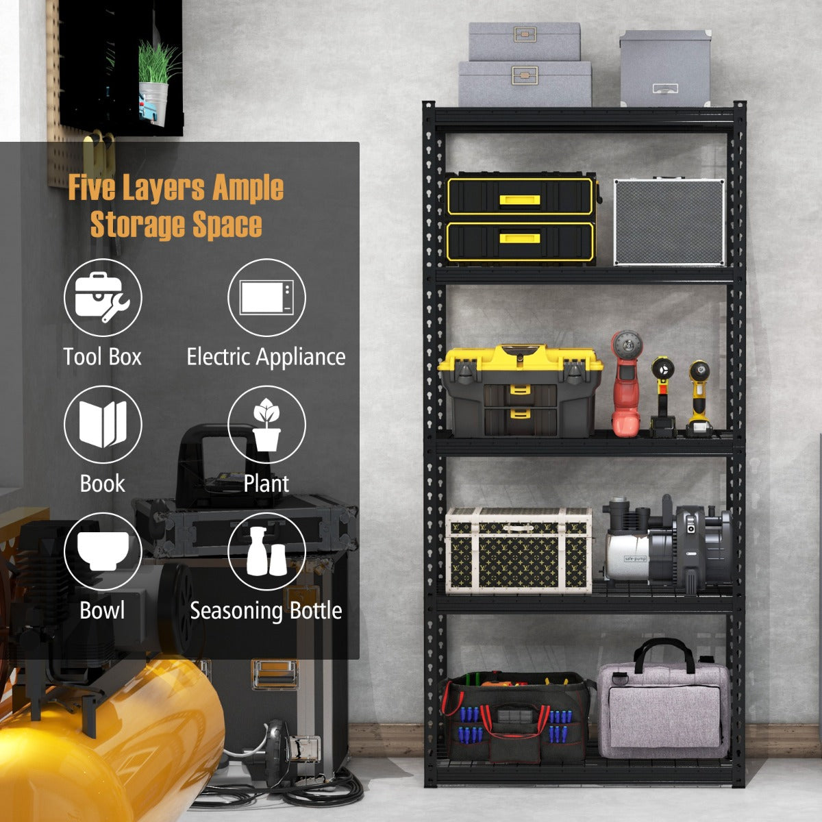 Costway 5-Tier Metal Height Adjustable Shelving Unit with Anti-slip Foot Pads-40CM Wide