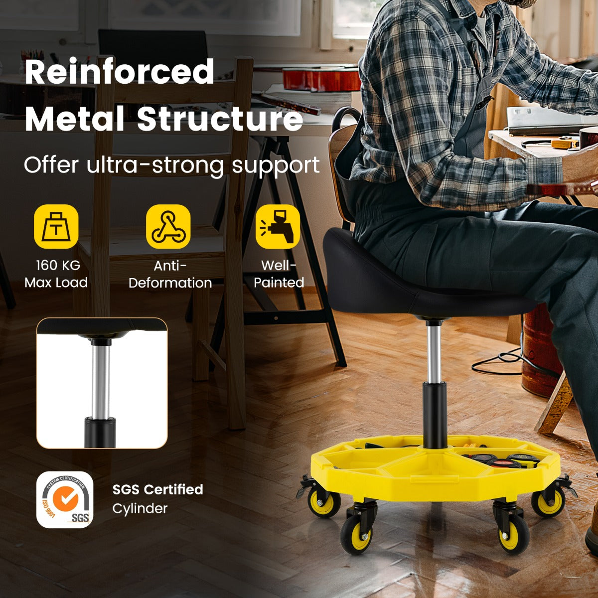 50-64 cm Height Adjustable Rolling Garage Stool with Tool Tray Storage-Yellow