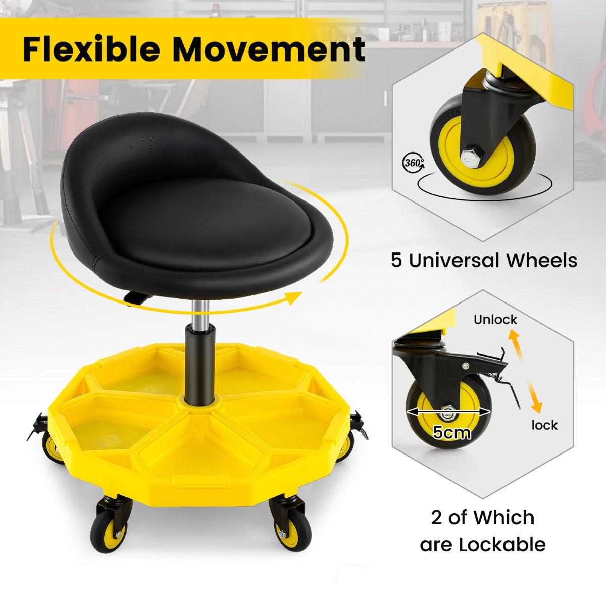 50-64 cm Height Adjustable Rolling Garage Stool with Tool Tray Storage-Yellow