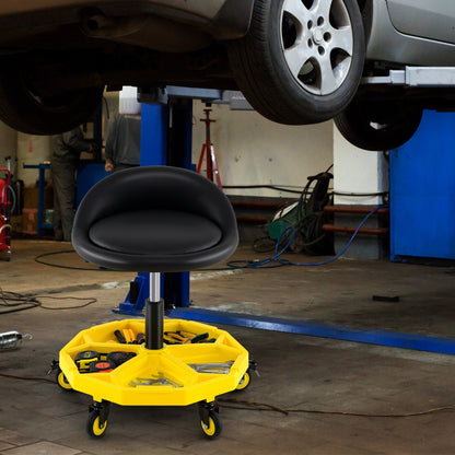 50-64 cm Height Adjustable Rolling Garage Stool with Tool Tray Storage-Yellow