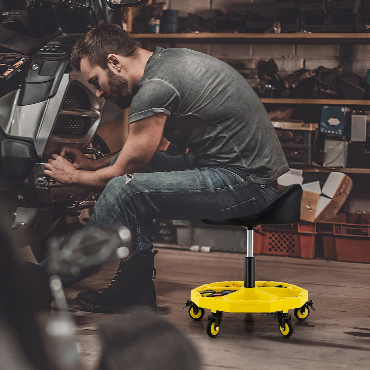 50-64 cm Height Adjustable Rolling Garage Stool with Tool Tray Storage-Yellow