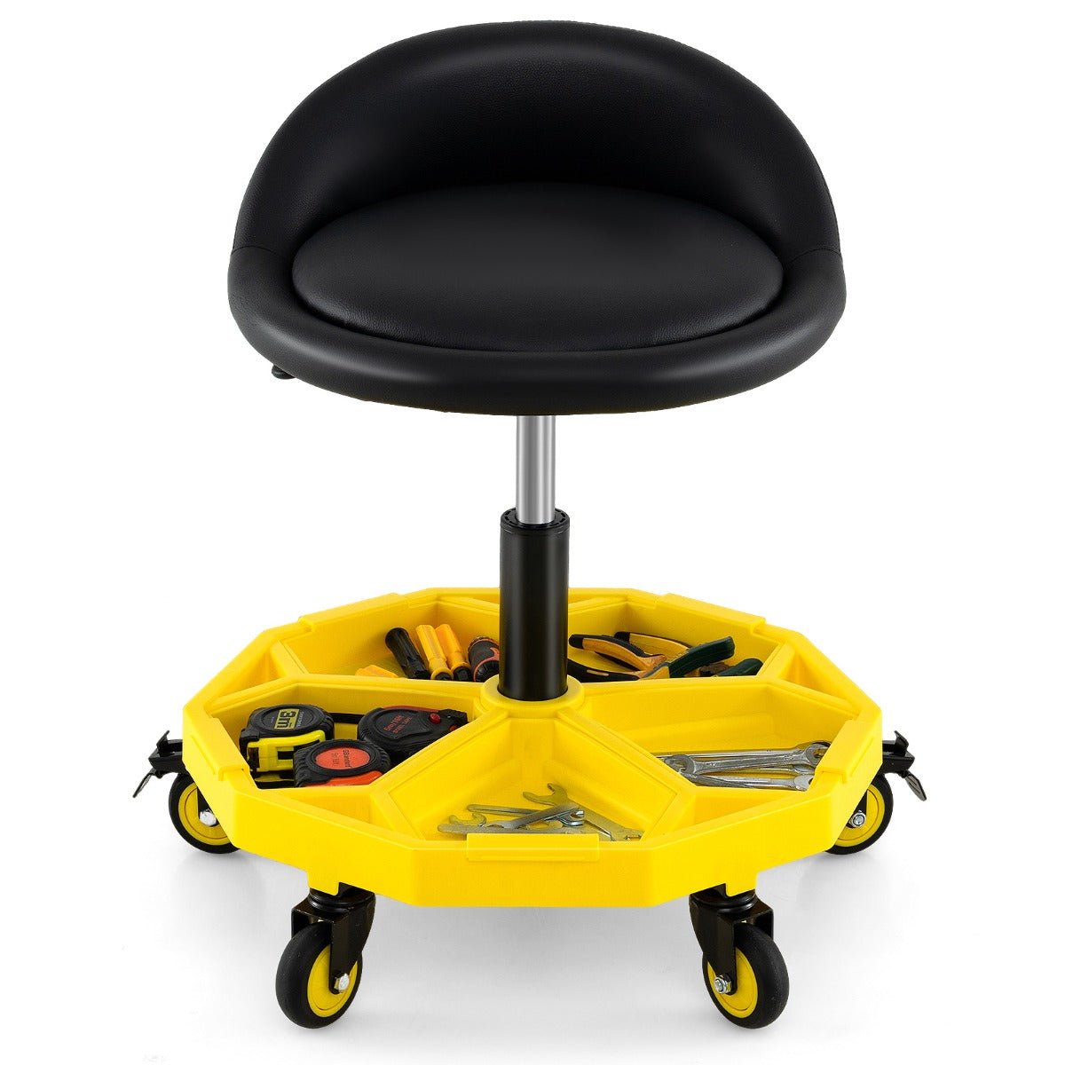 50-64 cm Height Adjustable Rolling Garage Stool with Tool Tray Storage-Yellow
