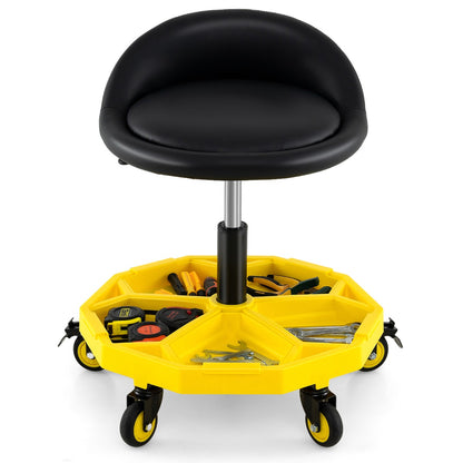 50-64 cm Height Adjustable Rolling Garage Stool with Tool Tray Storage-Yellow