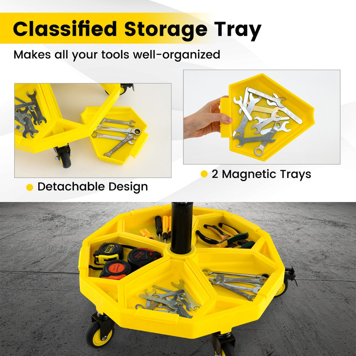 50-64 cm Height Adjustable Rolling Garage Stool with Tool Tray Storage-Yellow