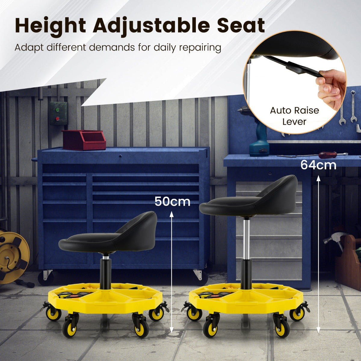 50-64 cm Height Adjustable Rolling Garage Stool with Tool Tray Storage-Yellow