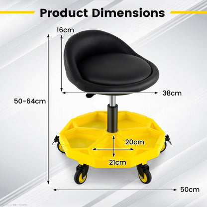 50-64 cm Height Adjustable Rolling Garage Stool with Tool Tray Storage-Yellow