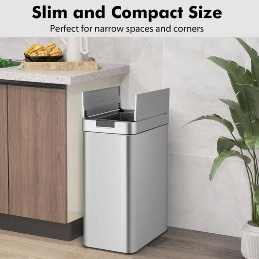 50L Slim Kitchen Trash Can with Automatic Sensor and Stainless Steel Frame-Silver