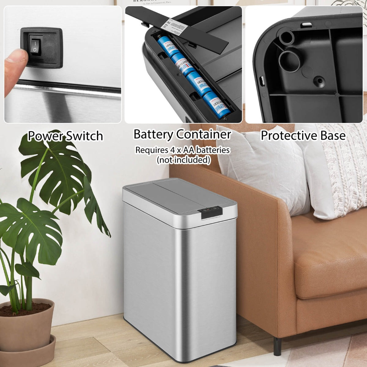 50L Slim Kitchen Trash Can with Automatic Sensor and Stainless Steel Frame-Silver