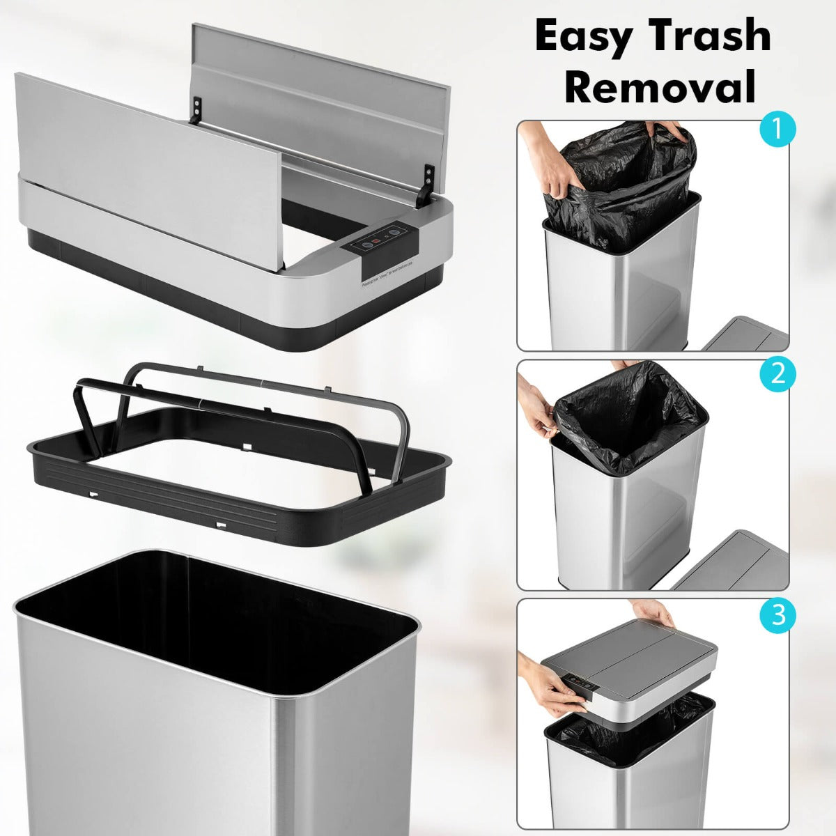 50L Slim Kitchen Trash Can with Automatic Sensor and Stainless Steel Frame-Silver