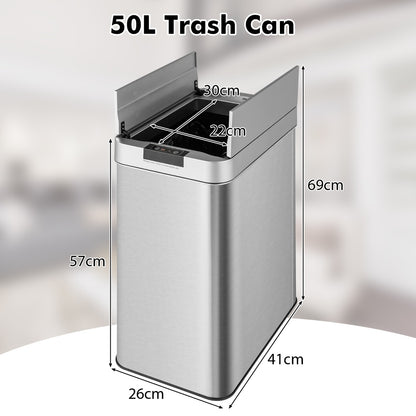 50L Slim Kitchen Trash Can with Automatic Sensor and Stainless Steel Frame-Silver