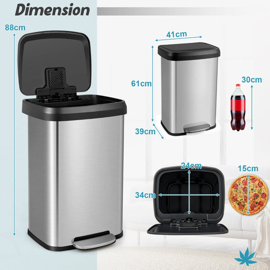 50-litre stainless steel trash can provides generous waste capacity while fitting neatly into corner spaces