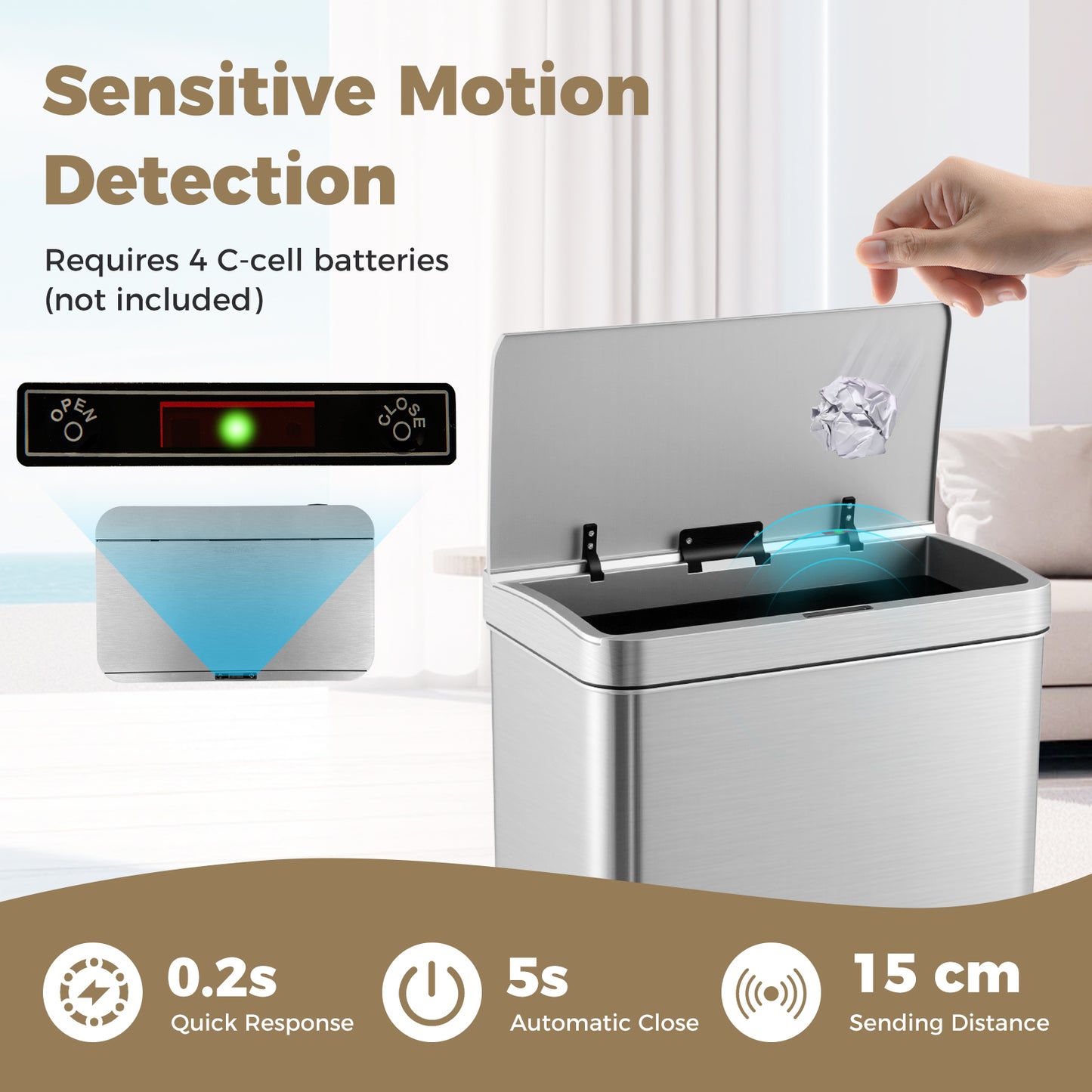 53L/60L  Automatic Trash Can with Lid Motion Sensor Garbage Can-Silver-53 L