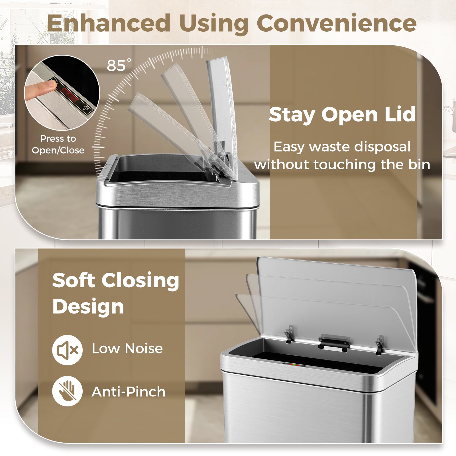 53L/60L  Automatic Trash Can with Lid Motion Sensor Garbage Can-Silver-53 L