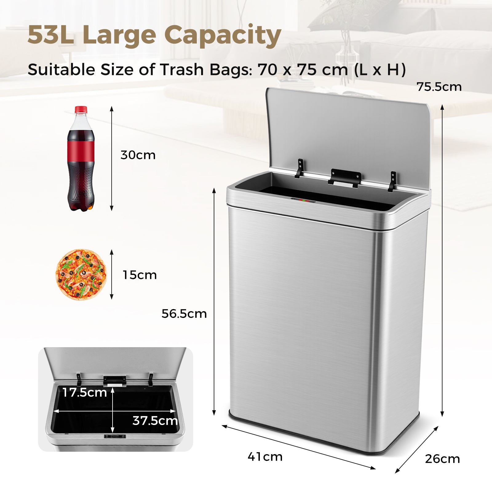 53L/60L  Automatic Trash Can with Lid Motion Sensor Garbage Can-Silver-53 L