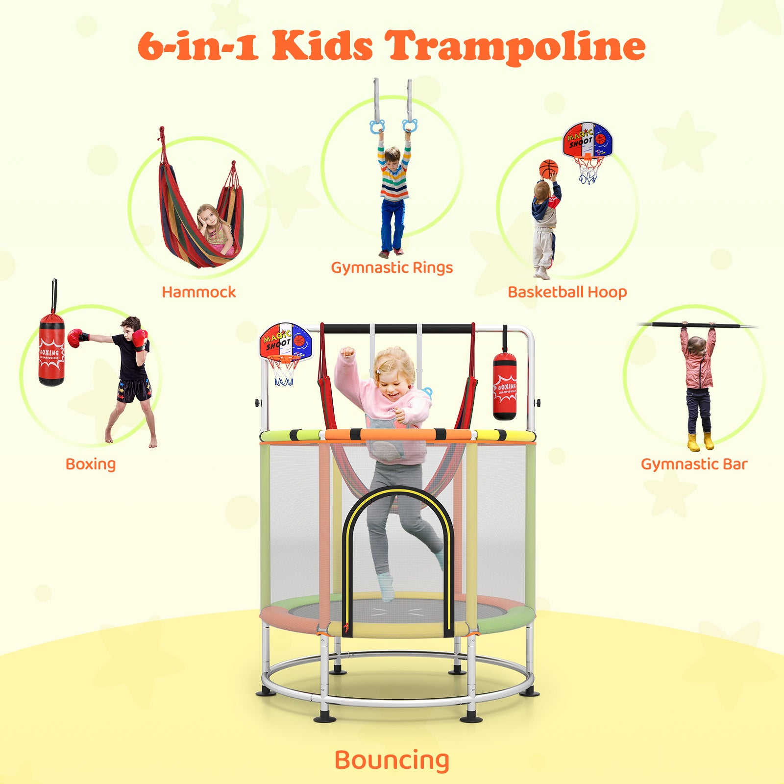 55 Inch Kids Trampoline with Hammock and Adjustable Gym Bar-Orange