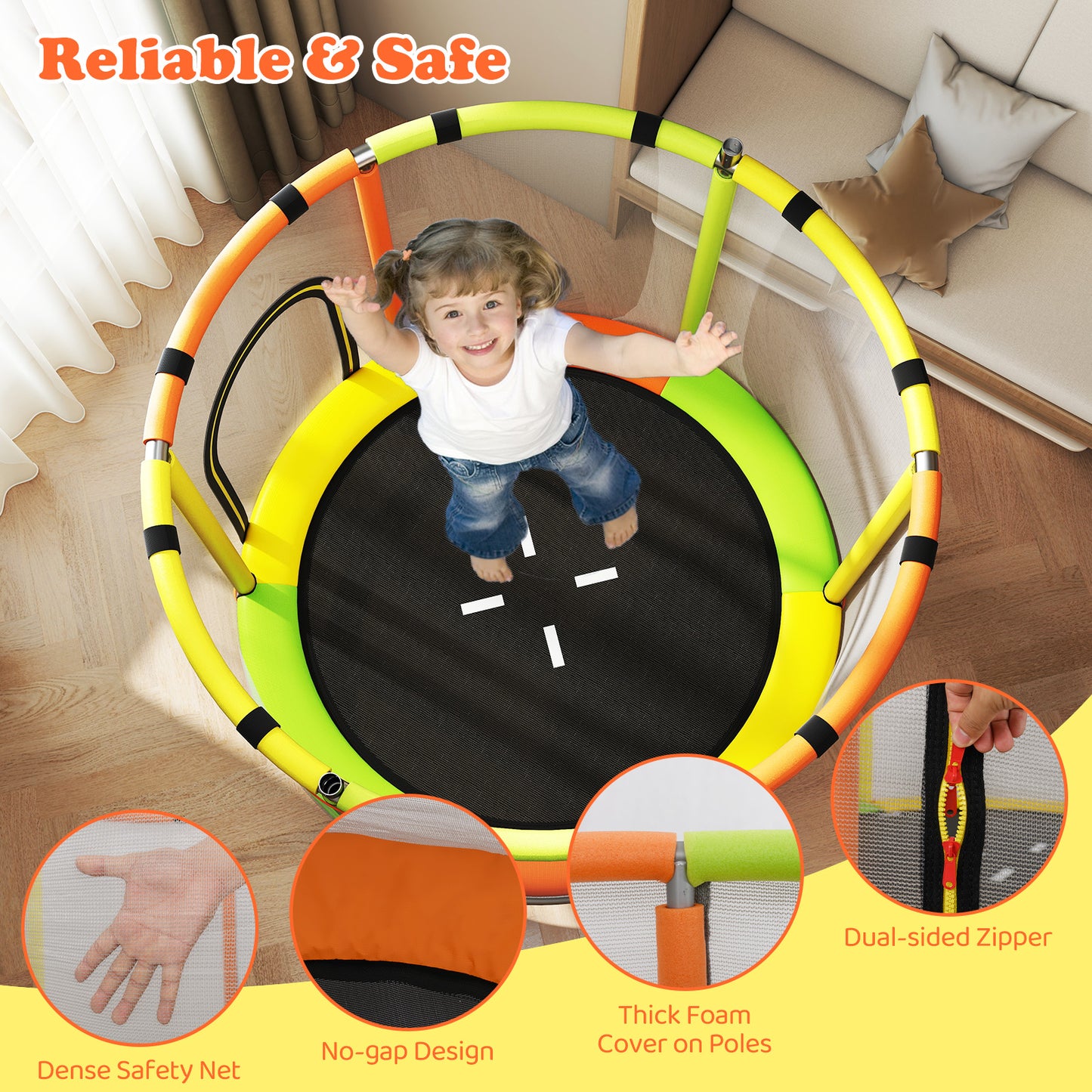 55 Inch Kids Trampoline with Hammock and Adjustable Gym Bar-Orange