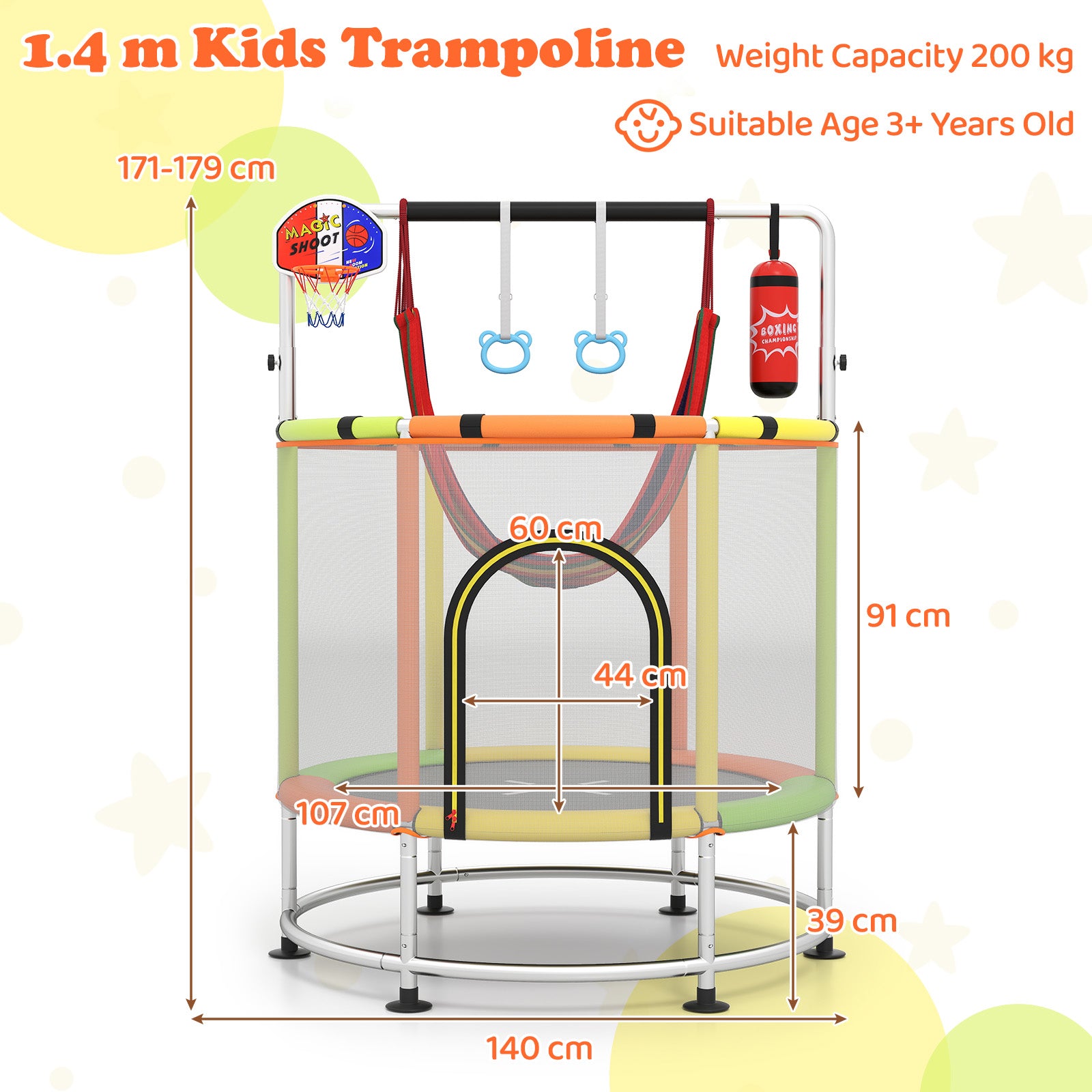 55 Inch Kids Trampoline with Hammock and Adjustable Gym Bar-Orange
