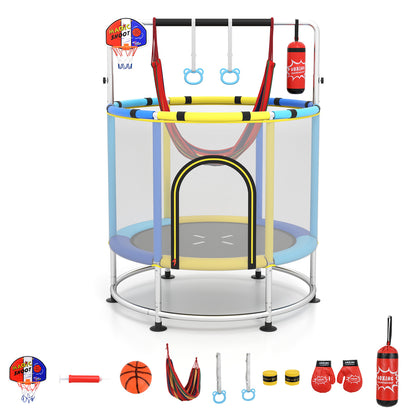 55 Inch Kids Trampoline with Hammock and Adjustable Gym Bar-Blue