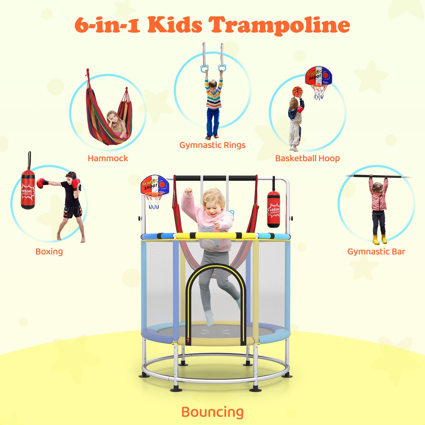 55 Inch Kids Trampoline with Hammock and Adjustable Gym Bar-Blue