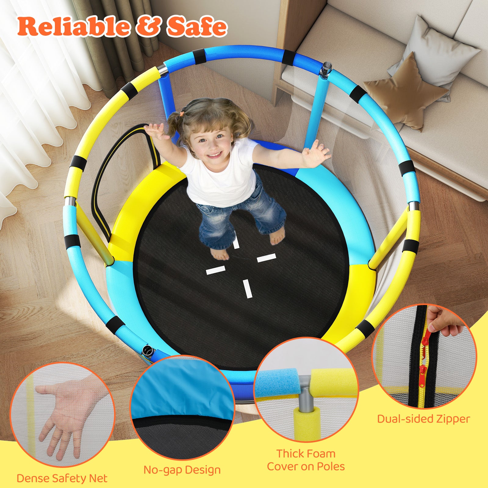 55 Inch Kids Trampoline with Hammock and Adjustable Gym Bar-Blue
