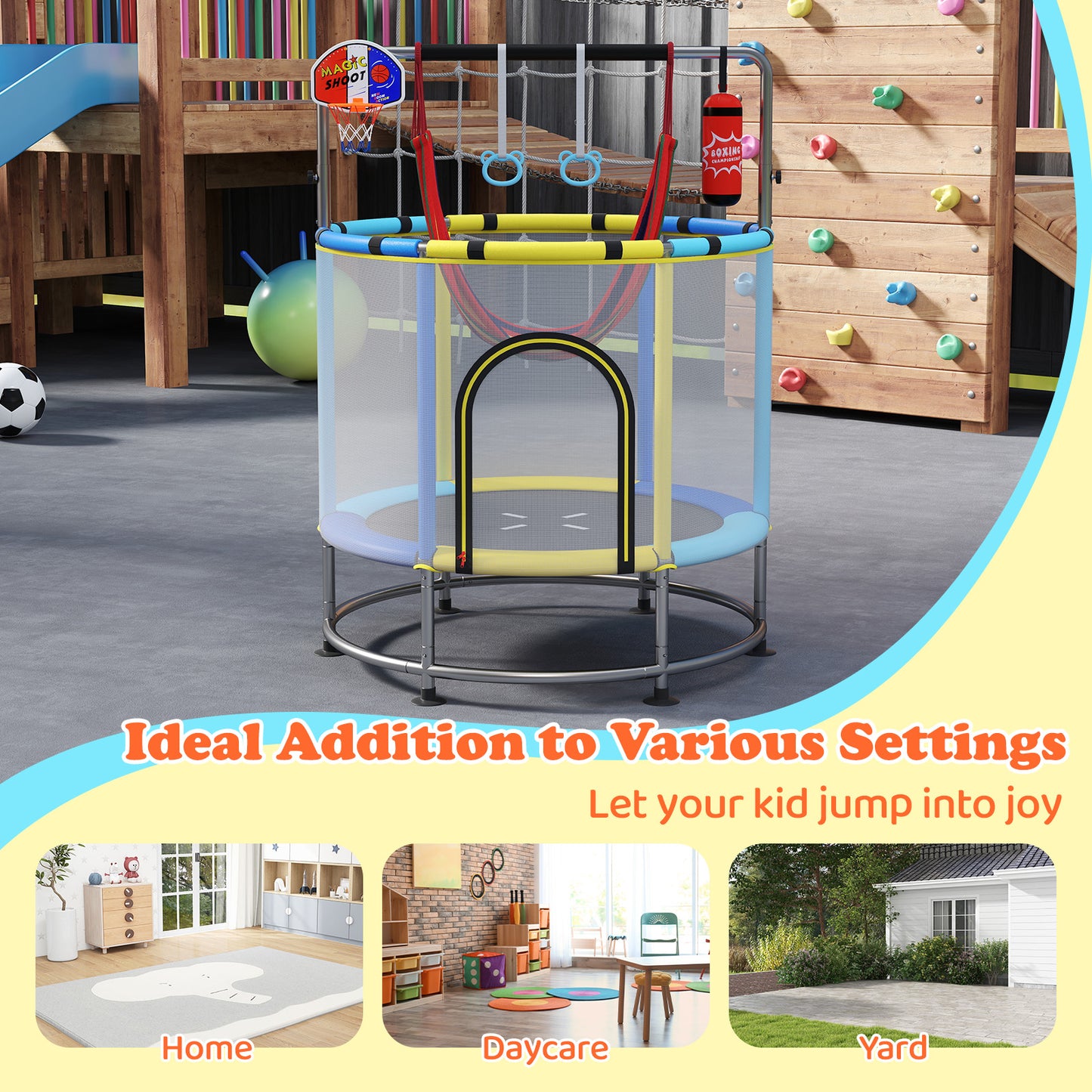 55 Inch Kids Trampoline with Hammock and Adjustable Gym Bar-Blue
