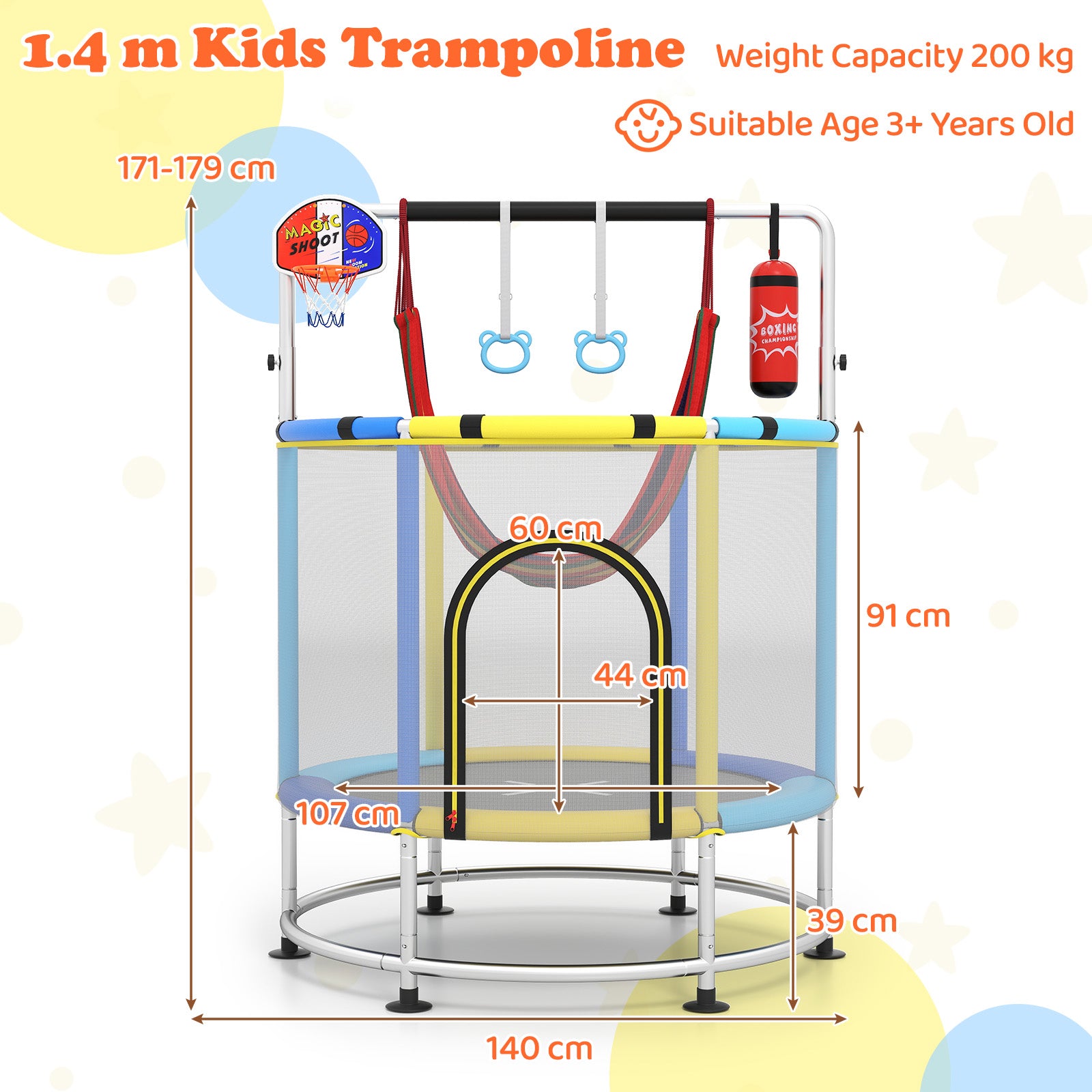 55 Inch Kids Trampoline with Hammock and Adjustable Gym Bar-Blue