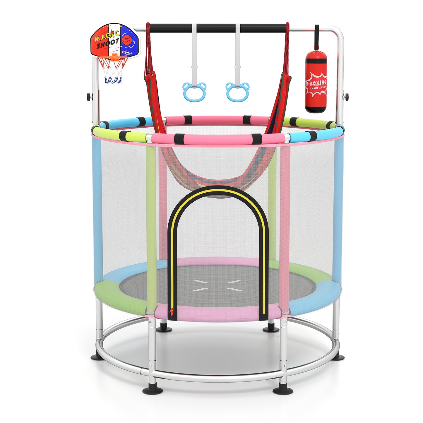 55 Inch Kids Trampoline with Hammock and Adjustable Gym Bar-Pink