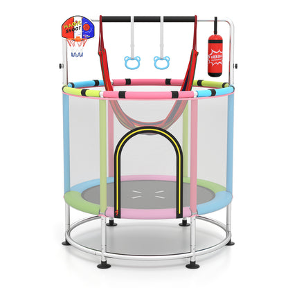 55 Inch Kids Trampoline with Hammock and Adjustable Gym Bar-Pink