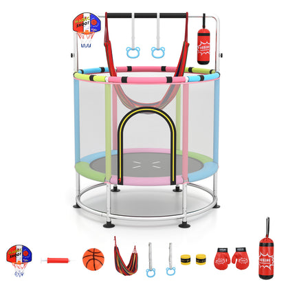 55 Inch Kids Trampoline with Hammock and Adjustable Gym Bar-Pink